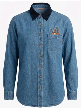 Vintage Y2K Denim Button-Front Shirt with Tigger Pocket Embroidery S Plus 22/24